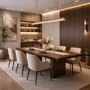 Modern Luxury Dining Room ✨ _ Elegant Table, Beige Chairs & LED Accent Wall